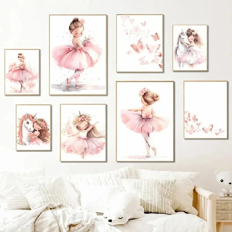 Baby Nursery Decor Girl - Poster di Ballerina Rosa, Unicorno e