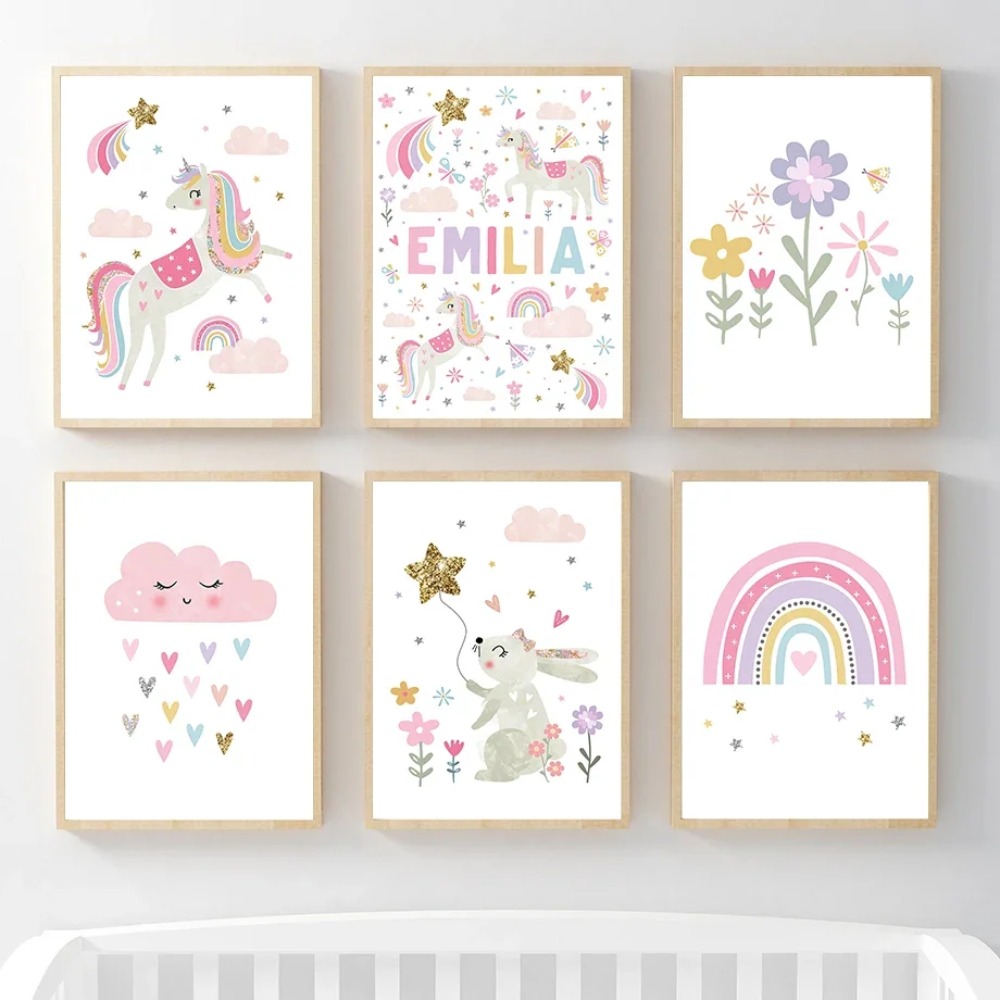 Baby Nursery Decor Girl - Quadri su Tela con Unicorno Rosa,